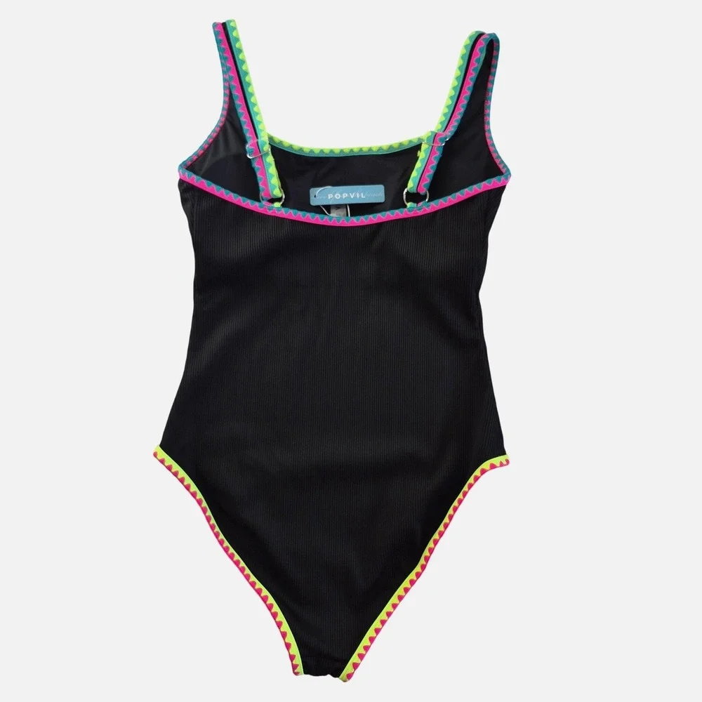Popvil Womens One Piece Swimsuit Black Ribbed Neon Ric Rac Trim Size‎ Large - Picture 6 of 7
